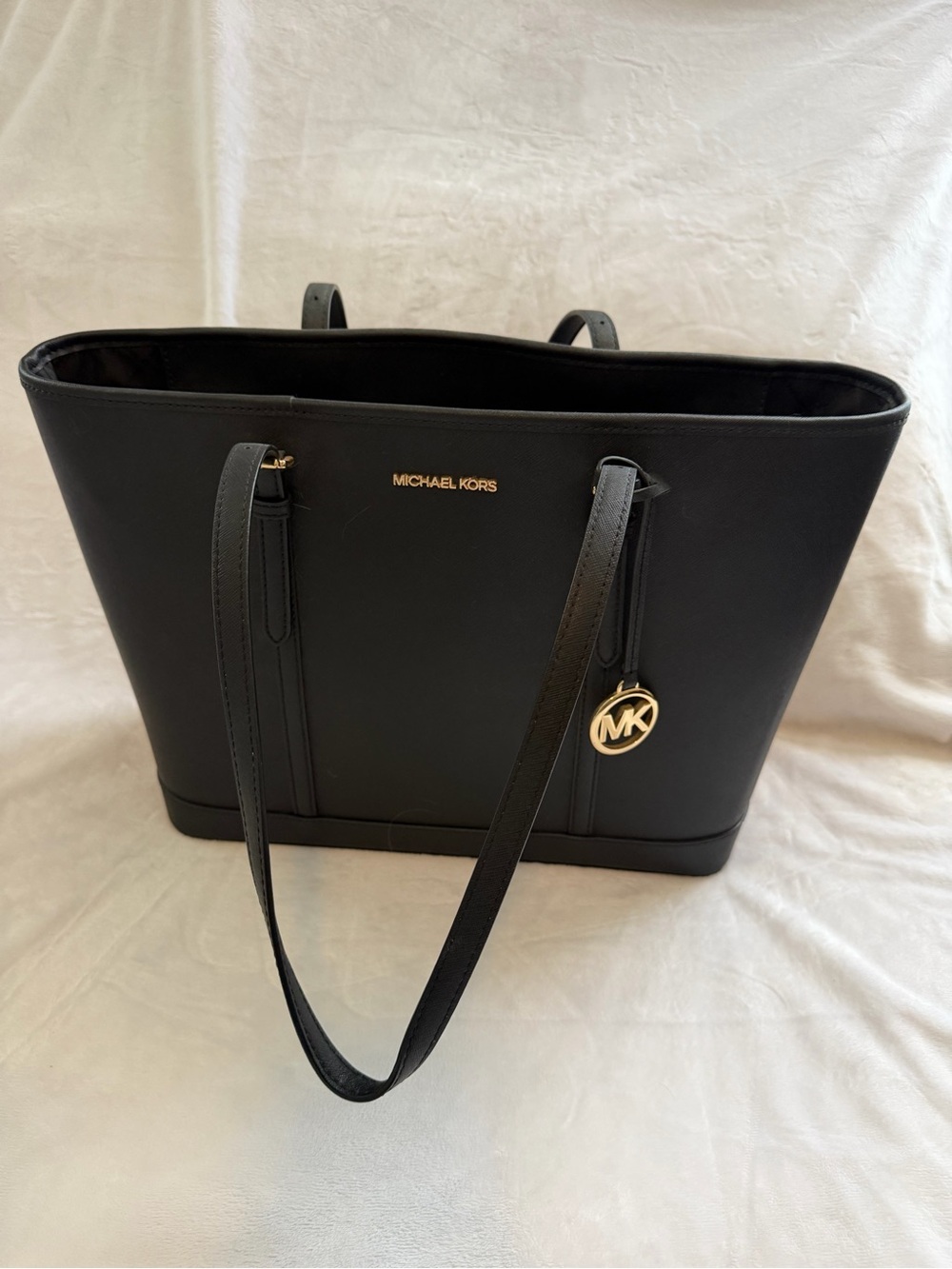 Michael Kors Jet Set Large Black Leather Tote with Gold MK Charm